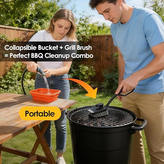 Bristle Free Silicone Grill Brush | BBQ Grill Cleaner for Gas Charcoal Cast Iron Grates | No Wire Food Safe Brush with Detachable Heads, Scraper & Collapsible Water Cup for Outdoor Camping BBQ