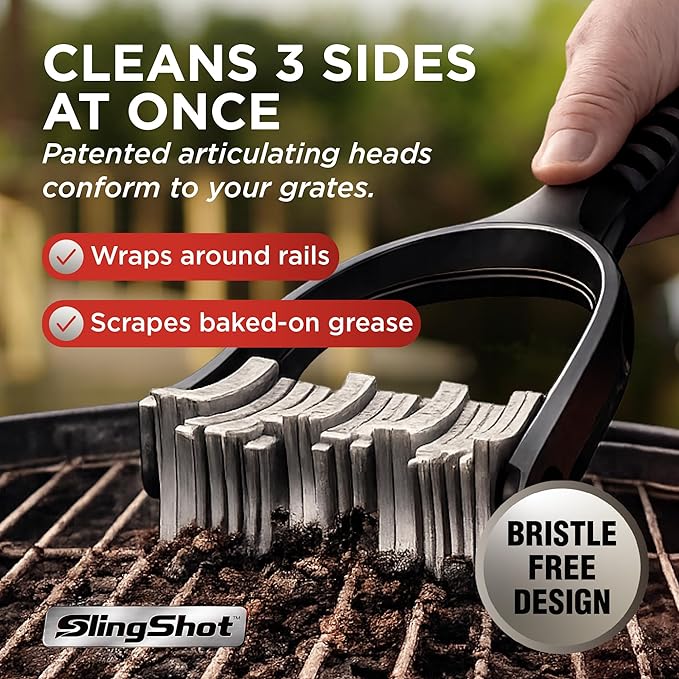 Slingshot Grill Cleaner- Bristle-Free BBQ Tool for Outdoor Grates, Heavy Duty Grill Scrubber, Stainless Steel Blades, Cold Grill Cleaning Accessory for Grilling Maintenance