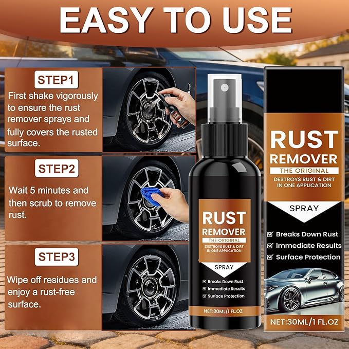 Upgrade Rust Remover Spray for Metal, with Cleaning Cloth and Sponge, Multi-Surface Heavy Duty Metal Cleaner for Vehicles, Tools, Chains, Iron Out Rust Stain Remover，With Cleaning Cloth and Sponge