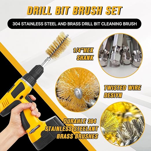 16 Pcs Wire Brush Set for Drills, Stainless Steel and Brass Bore Cleaning Brushes with 1/4" Hex Shank, Compatible with Power Drills, Grinders, and Impact Drivers (8-25mm)