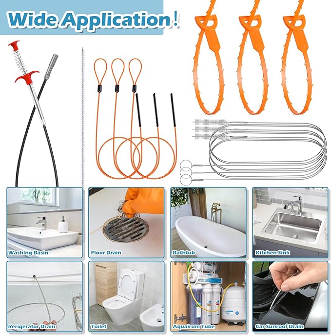 11in1 Drain Snake Set with 24 inch Magnetic Sewer Cleaning Hook, 25 Inch Sink Snake Drain Tool, 34 inch Steel Snake Drain, 59 Inch Tube Drain Brush, 18inch Cleaning Brush for Toilet, Kitchen Sink