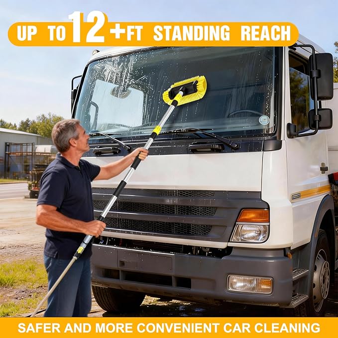 12FT Car Wash Brush with Long Handle, Car Cleaning Brush with 12 Inch Soft Bristle and Soap Dispenser, Solar Panels Cleaner with Telescoping Pole for RV, Truck, Boat, House Siding, Yellow