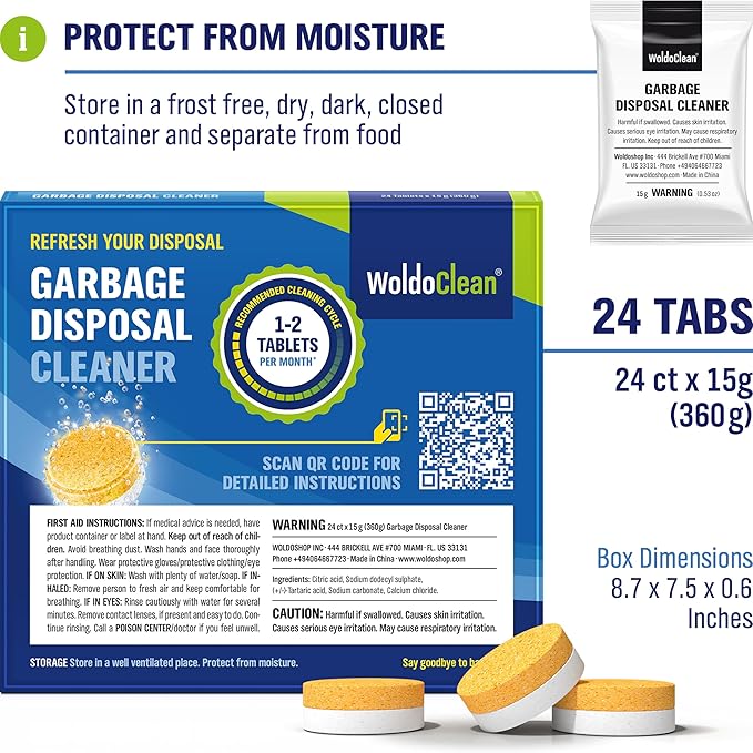 WoldoClean Garbage Disposal Cleaner Tablets - 24 Pack, Sink Drain Cleaner and Deodorizer, Fresh Citrus Foaming Action for Deep Kitchen Cleaning