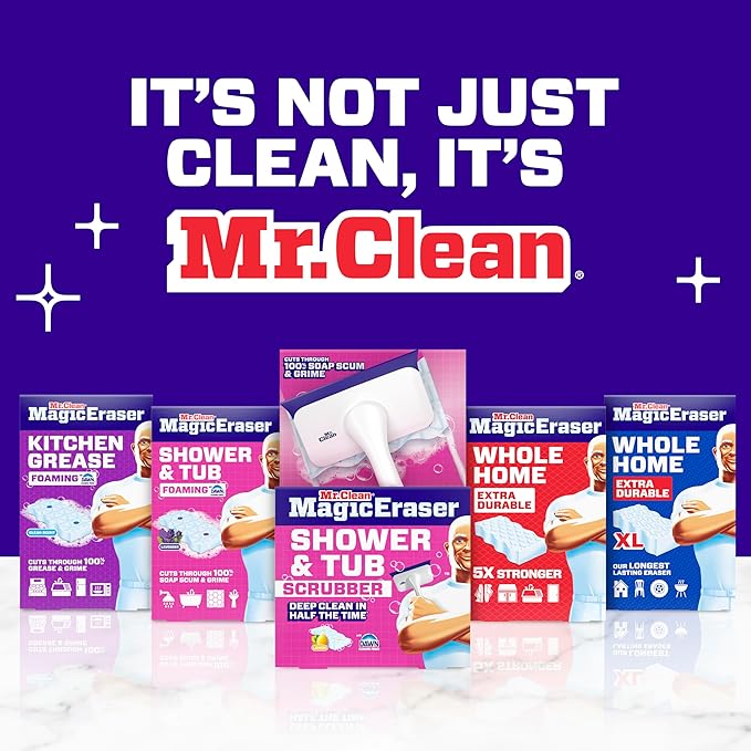 Mr. Clean Magic Eraser Sponge, Bathroom, Shower, Tub Cleaner, Soap Scum Remover, Bathroom Cleaning Supplies, Dawn Cleaning Power with Lemon Scent, Shower & Tub, 8 Count (Pack of 4)