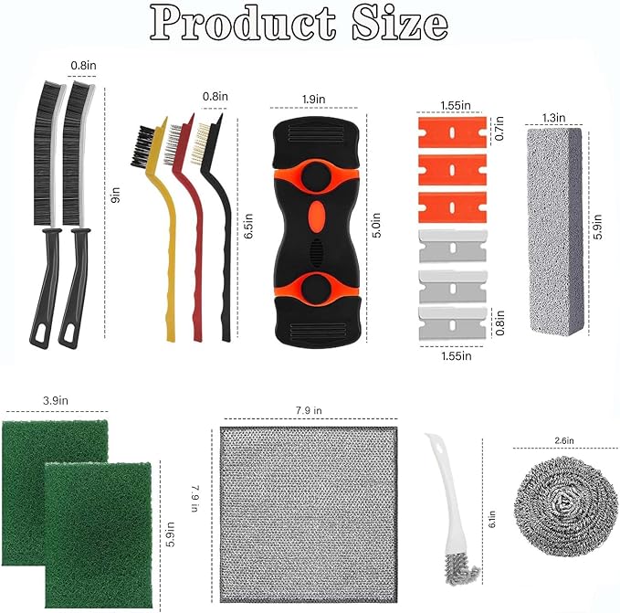 Heavy Duty Oven Cleaner Tools, 12 Pcs Oven Cleaning Accessories, Oven Cleaning Kit with Crevice Cleaning Brush, Razor Blade Scraper, Steel Wool Scrubber, Scrub Sponges, Pumice Stone, Cleaning Rags