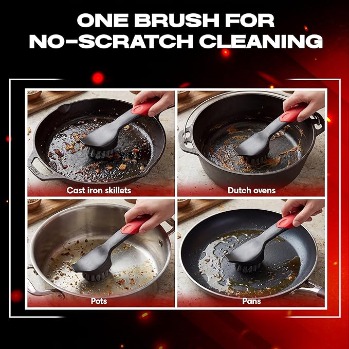 Cast Iron Scrub Brush with Heavy Duty Scraper - Nylon Bristles Dish Scrubber for Pans, Skillets and Woks – Kitchen Cleaner Removes Grime, Grease, Food Build Up - 90058 by Chef Master
