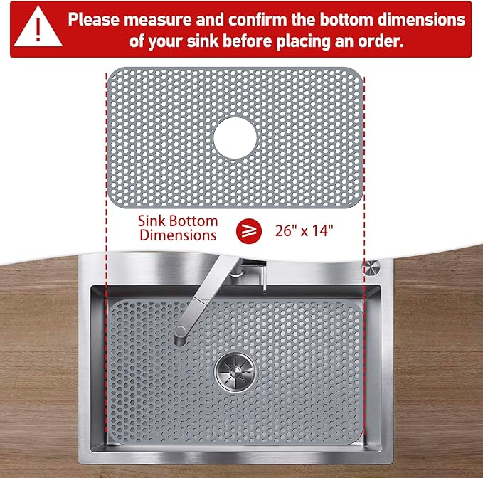 Silicone Sink Protectors for Kitchen Sink with Center Drain, 26'' x 14'' Kitchen Protector Accessory, Non-Slip Grid Mat for Bottom of Farmhouse Porcelain Stainless Steel (Center Hole)