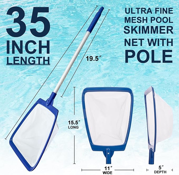 POOLAZA Hot Tub Skimmer Net Fine Mesh with Extendable Aluminum Handle 35 Inch - Hot Tub Net Skimmer for Leaf & Debris Removal, Heavy-Duty Spa Net for Hot Tub, Above Ground Pools & Small Pools
