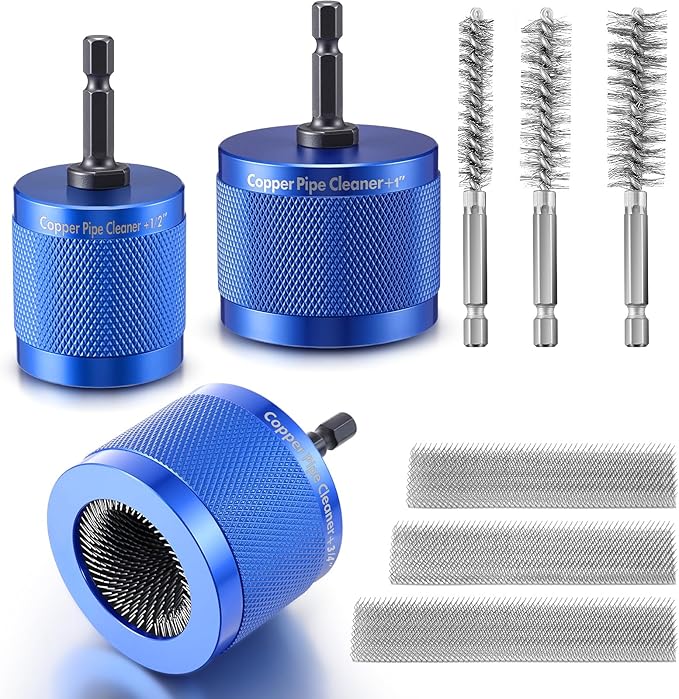 1/2", 3/4", 1" Copper Pipe Cleaner for Drill Set Includes External Stainless Steel Wire Bore Brushes, Internal Tube Cleaning Brushes, Replacement Plumbing Tools (9 Pcs)