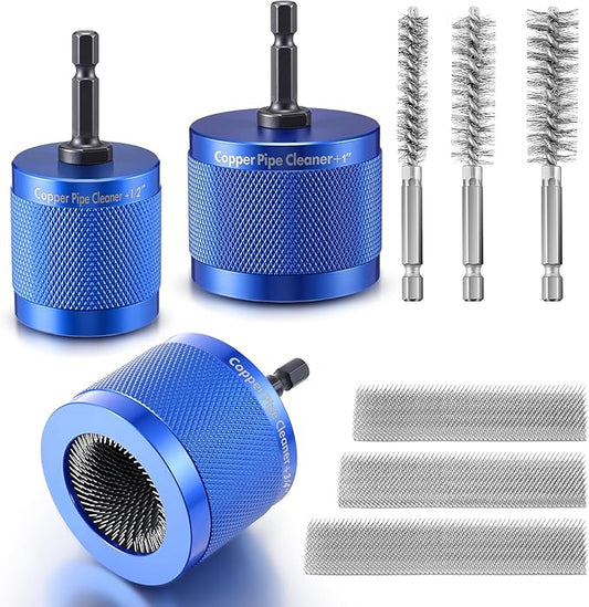 1/2", 3/4", 1" Copper Pipe Cleaner for Drill Set Includes External Stainless Steel Wire Bore Brushes, Internal Tube Cleaning Brushes, Replacement Plumbing Tools (9 Pcs)