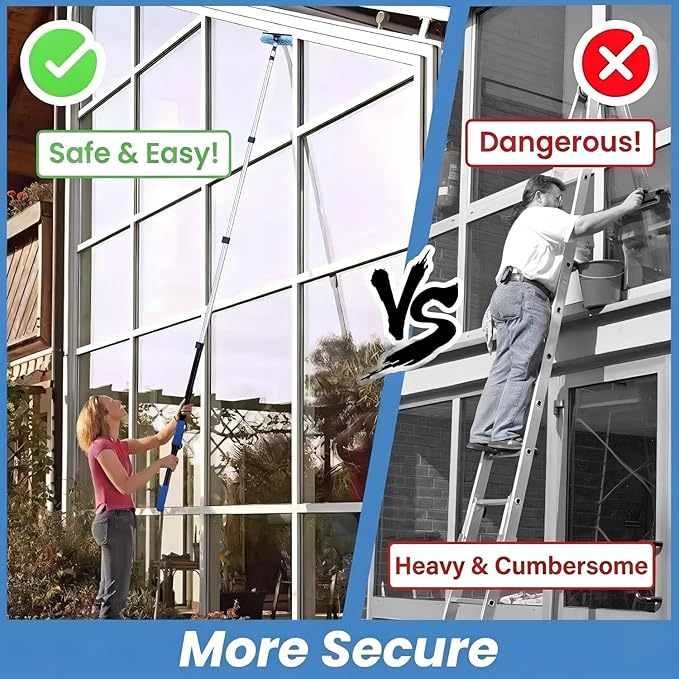 20ft High Ceiling Duster Kits with 5-12ft Heavy Duty Extension Pole - Fan Blade Cleaner, Cobweb Remover & Blue Window Squeegee Kit, Washable Dust Brush for High Roof and Glass Surfaces