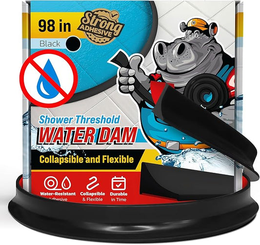 Shower Threshold Water Dam Barrier 98" - Black Collapsible Walk in Shower Water Guard - Door Bottom Seal Strip Leak Guard by Hippo Dam