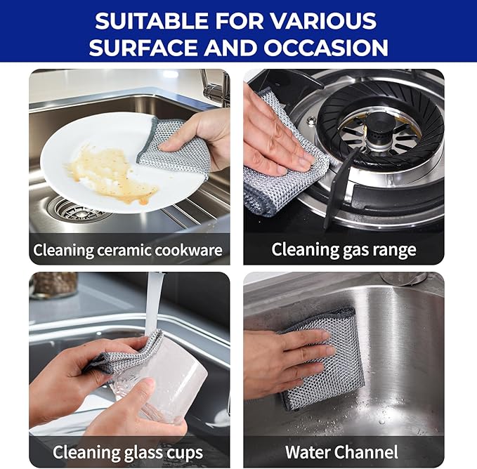 12 PCS 3-Layer Non-Scratch Multipurpose Steel Wire Dishcloths - Reusable Quick-Dry Odor-Free Scrub Cloths for Dishes, Kitchen Cleaning Cloths for Cookware, Sinks, Stove Tops(7.87X7.87)