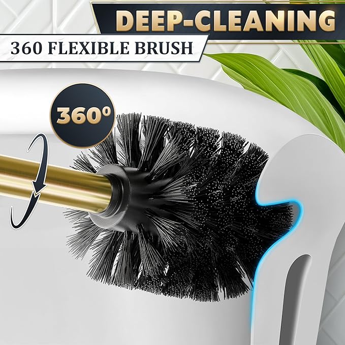 2 PCS Gold Toilet Brush and Holder Set - Brushed Stainless Steel Gold Toilet Bowl Brush and Holder with Replacable Head, Removable Inner Bowl, and Splash Protection - Dense Bristles for Cleaning