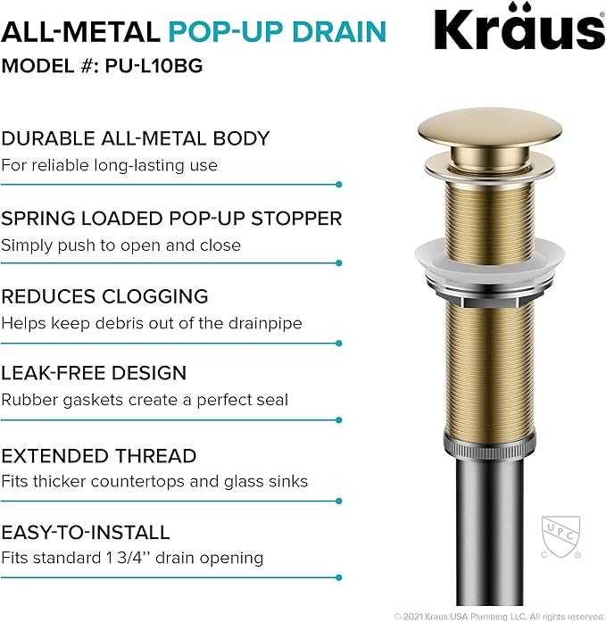 KRAUS Bathroom Sink Pop-Up Drain Assembly in Brushed Gold for Vessel Sinks and Sinks without Overflow, with Extended Thread for Thicker Countertops, PU-L10BG
