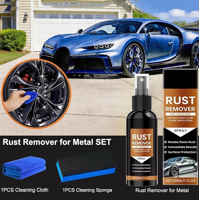 Upgrade Rust Remover Spray for Metal, with Cleaning Cloth and Sponge, Multi-Surface Heavy Duty Metal Cleaner for Vehicles, Tools, Chains, Iron Out Rust Stain Remover，With Cleaning Cloth and Sponge