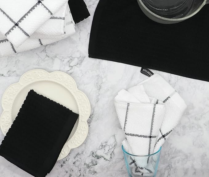 Cotton Dish Towels for Kitchen, Thick Terry Dish Rags 6 Pack, Absorben Dish Cloths for Washing Dishes,13 x 13 in, Soft Kitchen Washcloths Hand Towels (Black Grid)