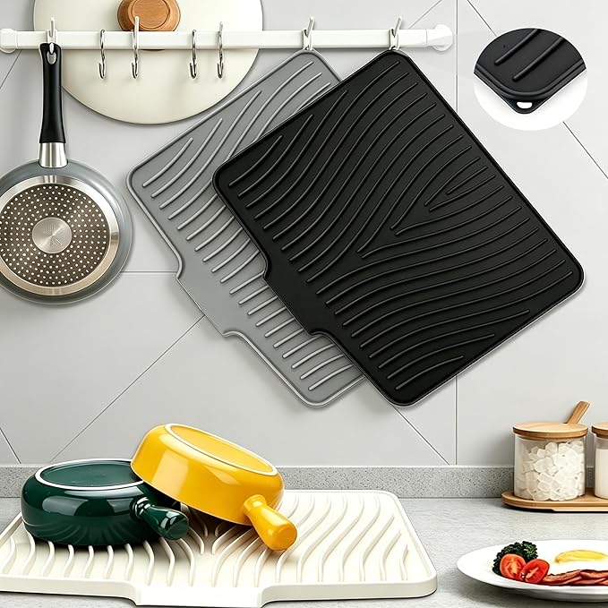 Silicone Dish Drying Mat,Dish Drying Pad,Kitchen Accessories,with Built-In and Non-Slip Drain,Easy Clean, Fit for Kitchen, Bar, RV, Refrigerator and Drawer Liner, 19.7 * 17 in Grey 1PCS by EBIGIC