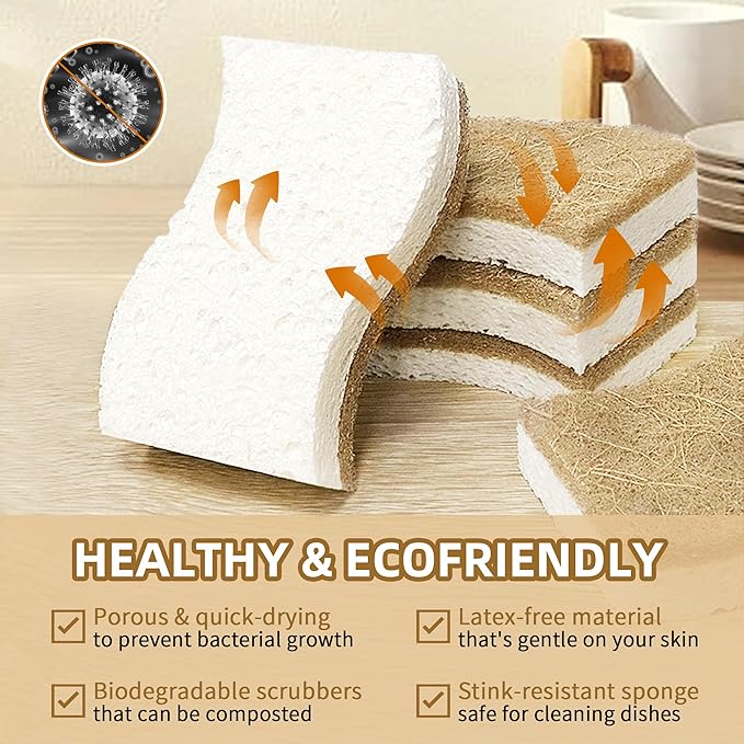 Natural Kitchen Sponges, Biodegradable & Compostable | Non-Scratch Cellulose Coconut Fiber Sponges for Dishes, Pots & Pans | Eco-Friendly Cleaning Sponge (24)