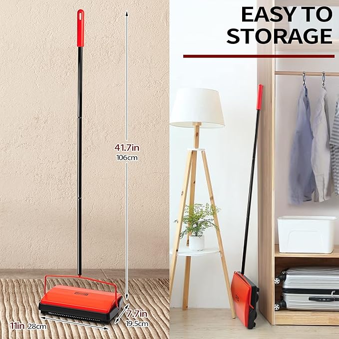 JEHONN Carpet Floor Sweeper Manual with Horsehair, Non Electric Quite Rug Roller Brush Push for Cleaning Pet Hair, Loose Debris, Lint (Red)
