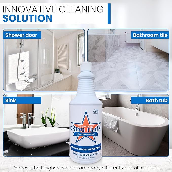 BRING IT ON! CLEANER Hard Water Stain Remover for Glass, Soap Scum remover for Shower glass, Fiberglass, Windows, Tile & Grout, Water Spot Remover for Bathroom, Lime Scale & Sink 32Oz 2Pack