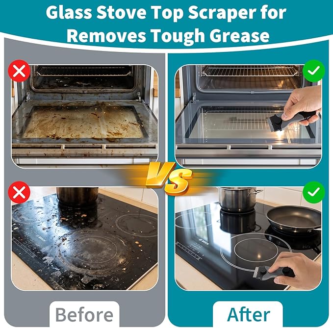 Oven Scraper for Cleaning, Glass Stove Top Scraper for Removes Tough Grease & Carbon Buildup, Multi-Purpose Glass Scraper Tool for Oven, Stovetop, Window, Tile, Floor 2 Pack