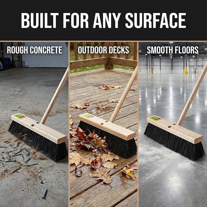 Black Indoor Push Broom Head – Heavy Duty Hardwood Block – Polypropylene Bristles – Deck Scrub Brush – Two Threaded Handle Holes for Better Assist (18")