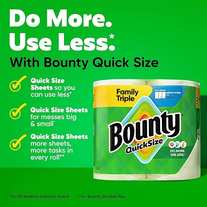 Bounty Paper Towels Quick Size, White, 2 Family Triple Rolls = 6+ Regular Rolls
