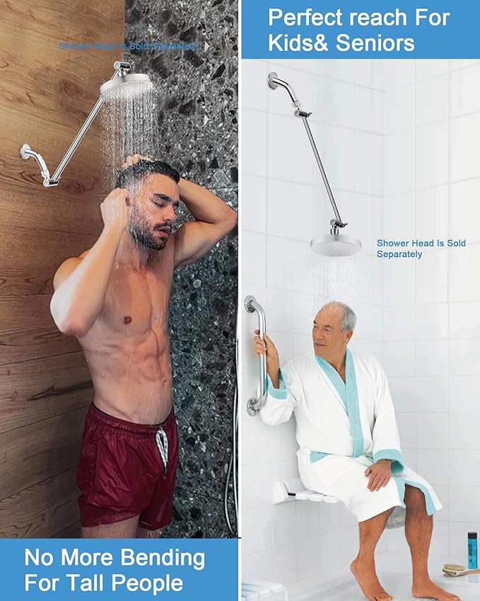 15 Inch Extra Long Adjustable Shower Head Extension Arm With Locking Set Screw, Singing Rain 304 Stainless Steel Chrome Angle Height Adjustable, G1/2 Universal Connector Compatible (Chrome Finish)