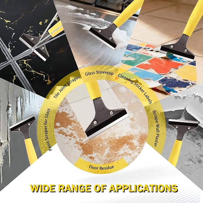 4"Razor Blade Floor Scraper with Long Handle,61in Adjustable Floor Scraper Heavy Duty with 10PCS Extra Metal Blades Paint Scraper for Cleaning Stickers Gum Glass Wall Tile Linoleum Stove Top