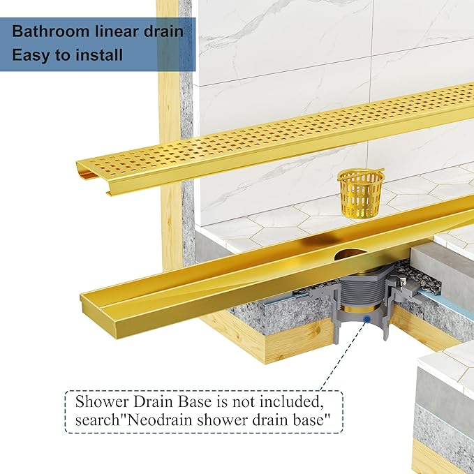 Neodrain 24-Inch Brushed Brass Linear Shower Drain with Removable Quadrato Pattern Grate, 304 Stainless Steel Gold Rectangle Shower Floor Drain, Bathroom Linear Drain & Hair Strainer, CUPC Certified