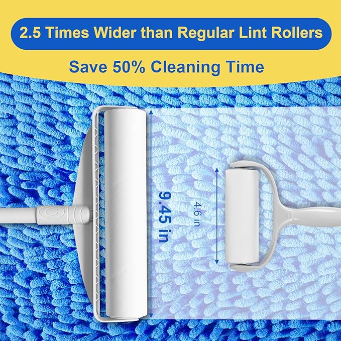 Large Lint Rollers for Floor Carpet, Sticky Floor Roller with 3 Extendable Long Handle for Pet Hair Removal, 9.45" Giant Lint Roller with 360 Sheets for Carpets, Beds, Cars, Clothing