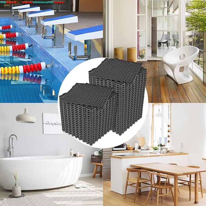 ToLanbbt Modular Interlocking Cushion 48P 11.8" x 11.8" Interlocking Rubber Floor Drain Holes Non-Slip Splicing Drainage Mats for Deck, Shower, Kitchen, Drain Pool, Sauna Bath, Indoor Outdoor (Black)