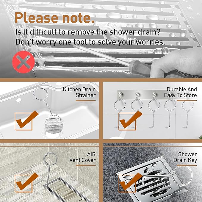 Drain Key Lifting Hooks - 5 Pack 304 Stainless Steel Drain Grate Puller Lift Out Key for Easy Shower Drain Cleaning, Silver