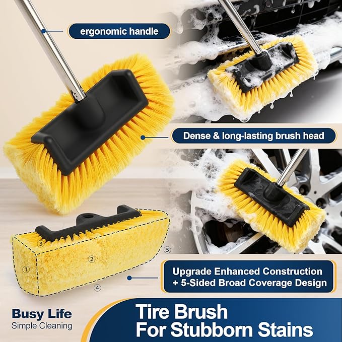 Yocada Five-Sided Car Wash Brush with 61" Long Handle No Scratch 12" Soft Bristle Brush Car Wash Cleaning Mop for Car SUV RV Truck Caravan Boat House Siding Floor
