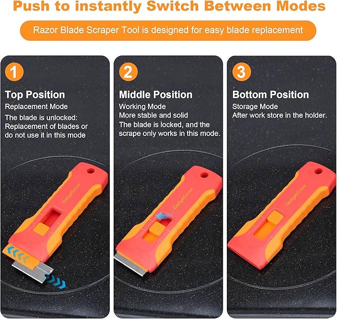 Razor Blade Scraper with 10pcs Blades and 3Pcs wire brushes,Scraper Tool for Cleaning Glass Window, Cooktop, Oven, Stove, Scraper with Buit-In Blade Storage, Upgraded Lock Mechanism, Orange