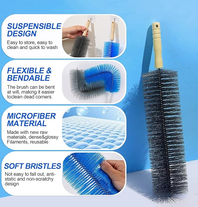 6 PCS Fan Cleaner Brush Towels kit - Bendable Fans Cleaning Brush Cobweb Duster Microfiber Head Crevice Dust Collector, Washable Fan Blade Cleaner, for Air Conditioning Home Car Vents Curtain Shutters