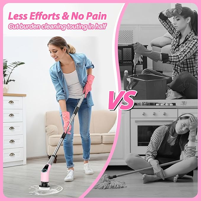 Electric Spin Scrubber, Cordless Cleaning Brush, Shower Scrubber with 8 Replaceable Brush Head, Power Cleaning Brush with Extension Handle, 2 Adjustable Speed, for Bathtub Tile Floor