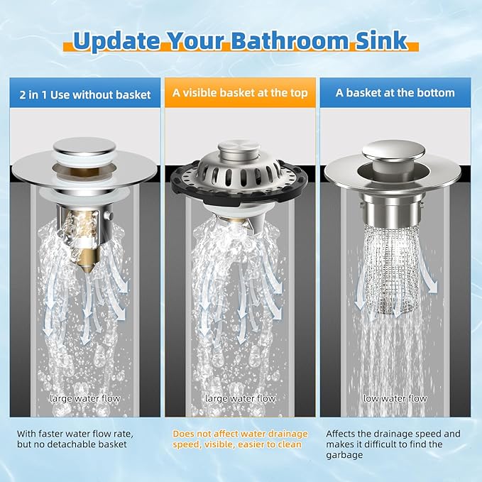 2PACK Universal Bathtub Drain Stopper Shower Hair Catcher Bathroom Sink Strainer, Tub Stopper with Visible Top Strainer, Brass Metal 3 in 1 Stopper for Standard 1.1''~2.36'' Hole, Brushed Nickel