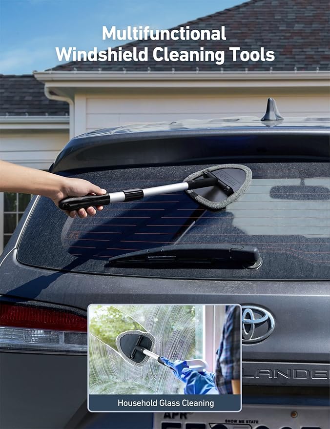 AstroAI 21" Windshield Cleaner Tool, Car Interior Detailing Cleaning Kit with Extendable Handle and 4 Upgraded High-Density Reusable Microfiber Pads, Auto Glass Wiper Brush Kit for Cars, Gray