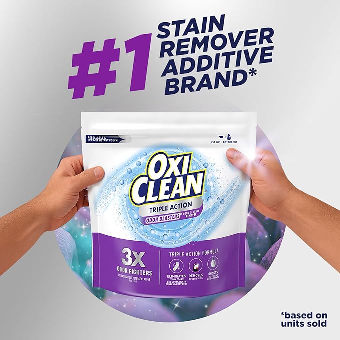 OxiClean Triple Action Odor and Stain Remover Powder, Use with Detergent, Eliminates Tough Odors and Removes Stains, Color Safe and Chlorine Free, 4 lbs