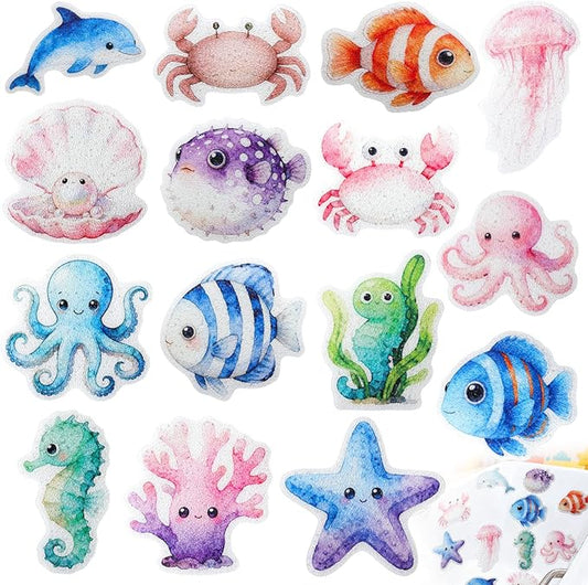 32 Pcs Cute Non Slip Bathtub Stickers for Shower Colorful Bathroom Anti Slip Shower Stickers Floor Applique Adhesive Decals with Scraper for Bathtub Bathroom Floor Pools(Sea)