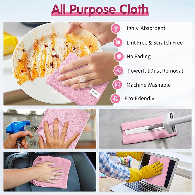 FIXSMITH Pink Microfiber Cleaning Cloth -Pack of 12, Highly Absorbent Cleaning Rags, 16"X12" All Purpose Cleaning Towels for Housekeeping, Kitchen, Car, Lint Free and Reusable Microfiber Towels