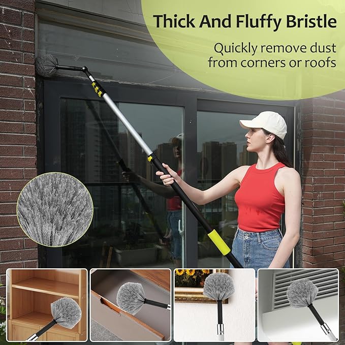 【Upgrade Anti Rotation 】 20FT High Reach Duster Kit,Lightweight Aluminum Alloy Extension Rod,5-Piece Set,210° Steering Head Clean Various Angle,for Cleaning Ceiling,High Wall