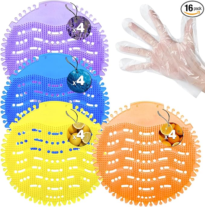 16 Pack Urinal Deodorizer Screen with 100 Gloves, 3D Wave Anti-Splash Odor Protection Urinal Cakes for Men Toilets Dry Wet Urinal Deodorant Bathroom Office Mall Hotel Four Scents Urinal Mats
