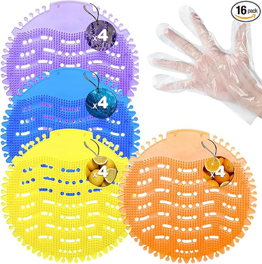 16 Pack Urinal Deodorizer Screen with 100 Gloves, 3D Wave Anti-Splash Odor Protection Urinal Cakes for Men Toilets Dry Wet Urinal Deodorant Bathroom Office Mall Hotel Four Scents Urinal Mats