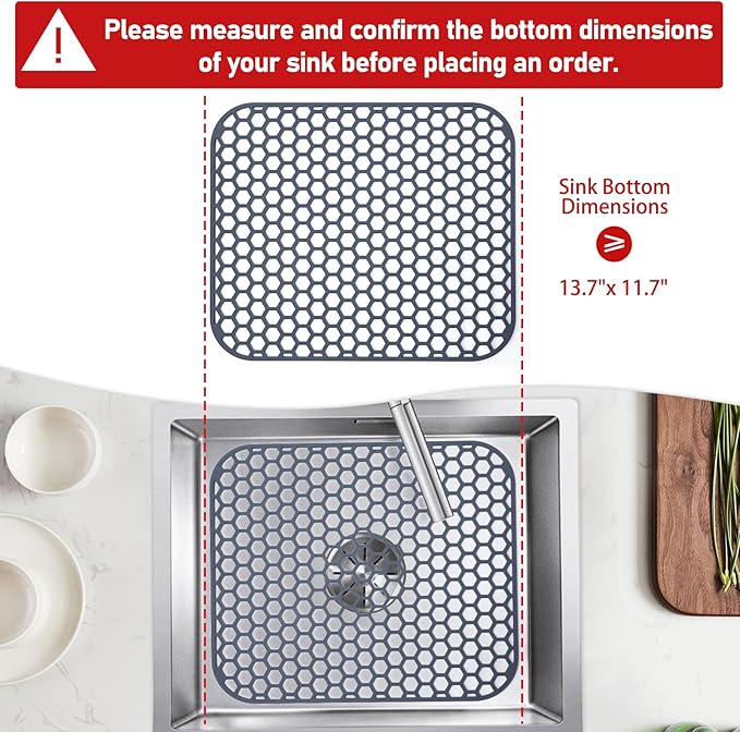 Silicone Kitchen Sink Protector Mat 13.7"x 11.7" - Kitchen Sink Grid Accessory, Non-Slip Heat Resistant Grid Dry Mat for Bottom of Porcelain Stainless Steel, Dishwasher Safe