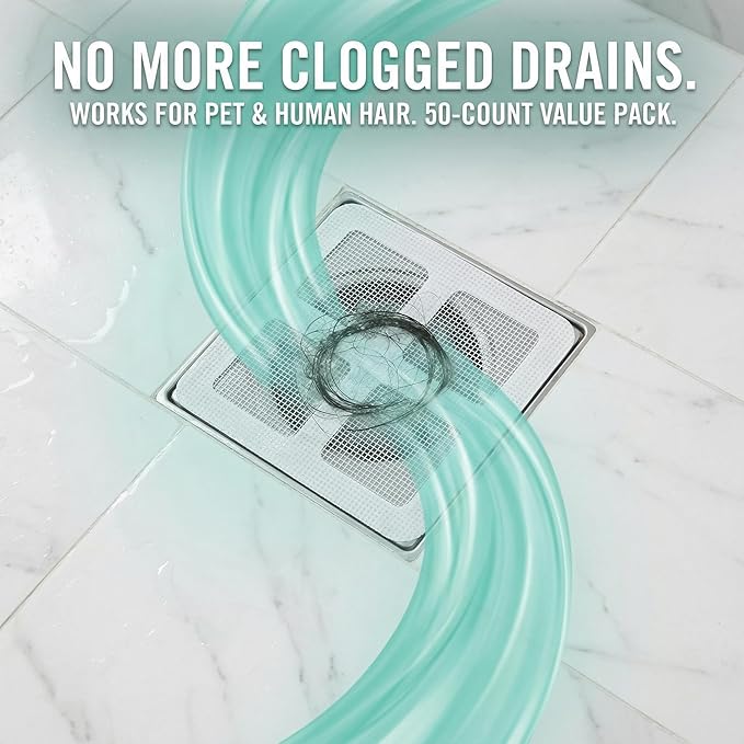 Disposable Shower Drain Hair Catcher, 50 Pack Adhesive Mesh Drain Covers for Shower, Bathtub, Bathroom Sink & Laundry – Peel and Stick Drain Strainer, Waterproof, Fast Drainage, Prevents Hair Clogs