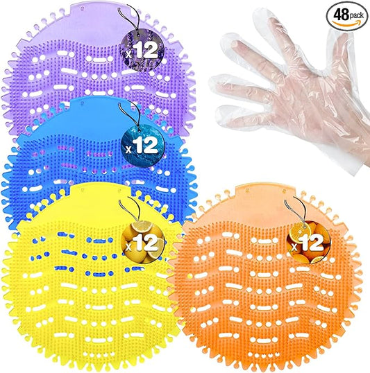 48 Pack Urinal Deodorizer Screen with 100 Gloves, 3D Wave Anti-Splash Odor Protection Urinal Cakes for Men Toilets Dry Wet Urinal Deodorant Bathroom Office Mall Hotel Four Scents Urinal Mats