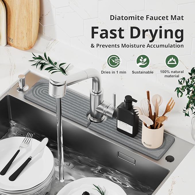 Quick Dry Sink Splash Guard - 15.8" Instant Dry Stone Sink Tray for Faucets - Absorbent Diatomaceous Earth Faucet Mat for Kitchen Countertop and Bathroom - Dark Gray